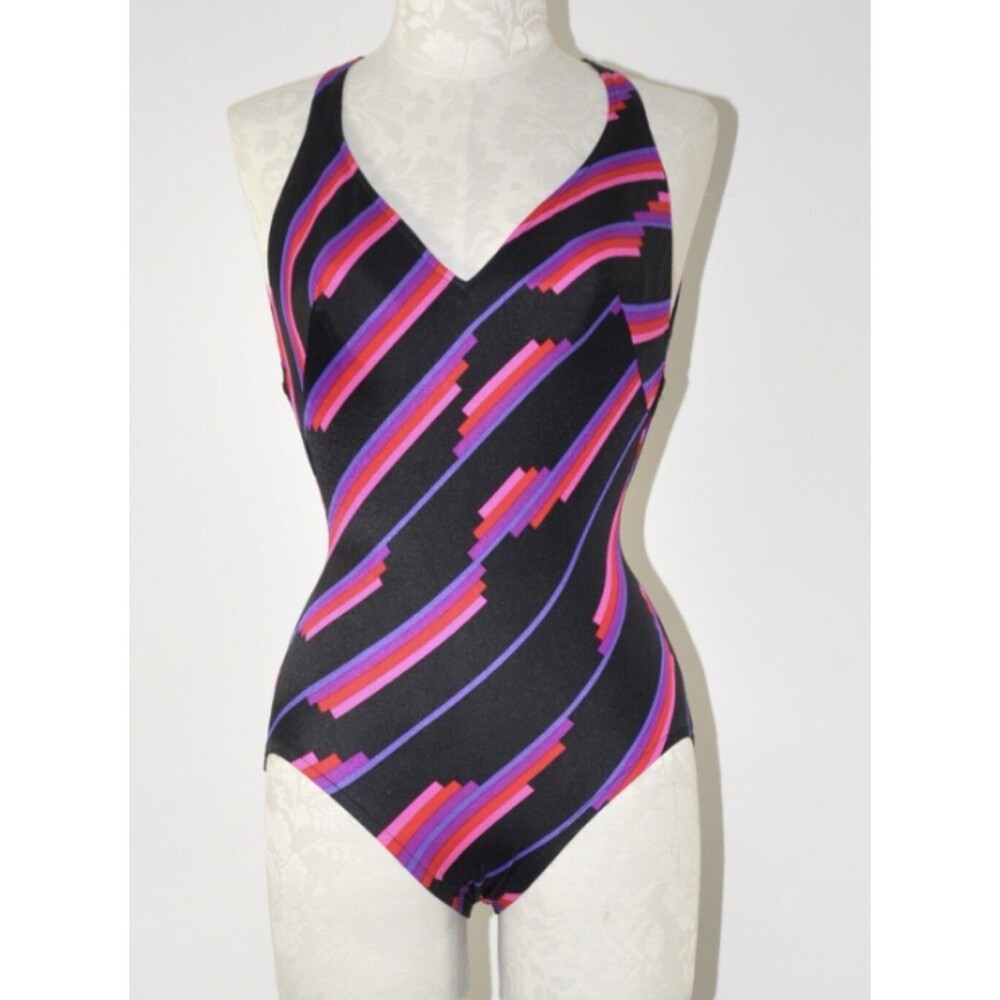 Vtg Rose Marie Reid MOD 1960s Psychedelic  One-Piece Swimsuit Bathing Racerback